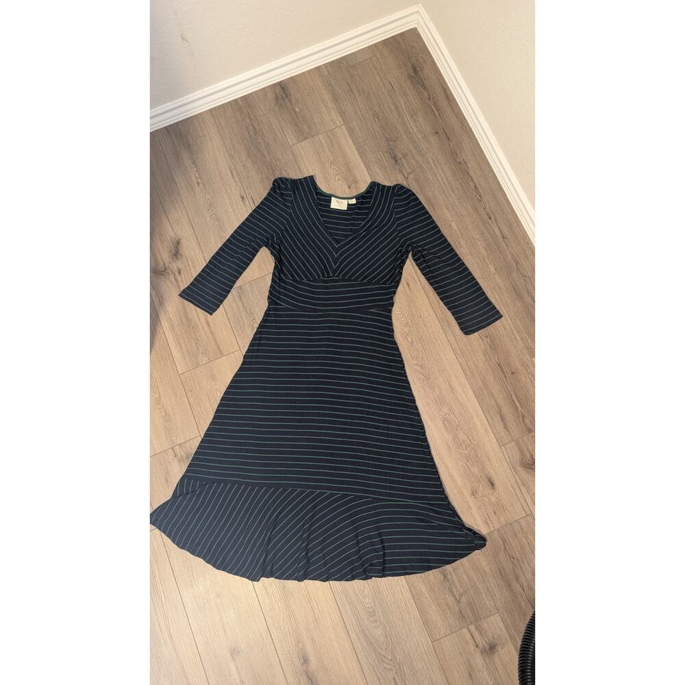 Anthropologie Maeve Flores Midi Dress Size M Striped V Neck Preppy Rayon Blend